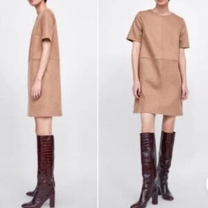Zara‎ Basic Tan Faux Suede Mini Dress Short Sleeve Pockets Casual Womens Large